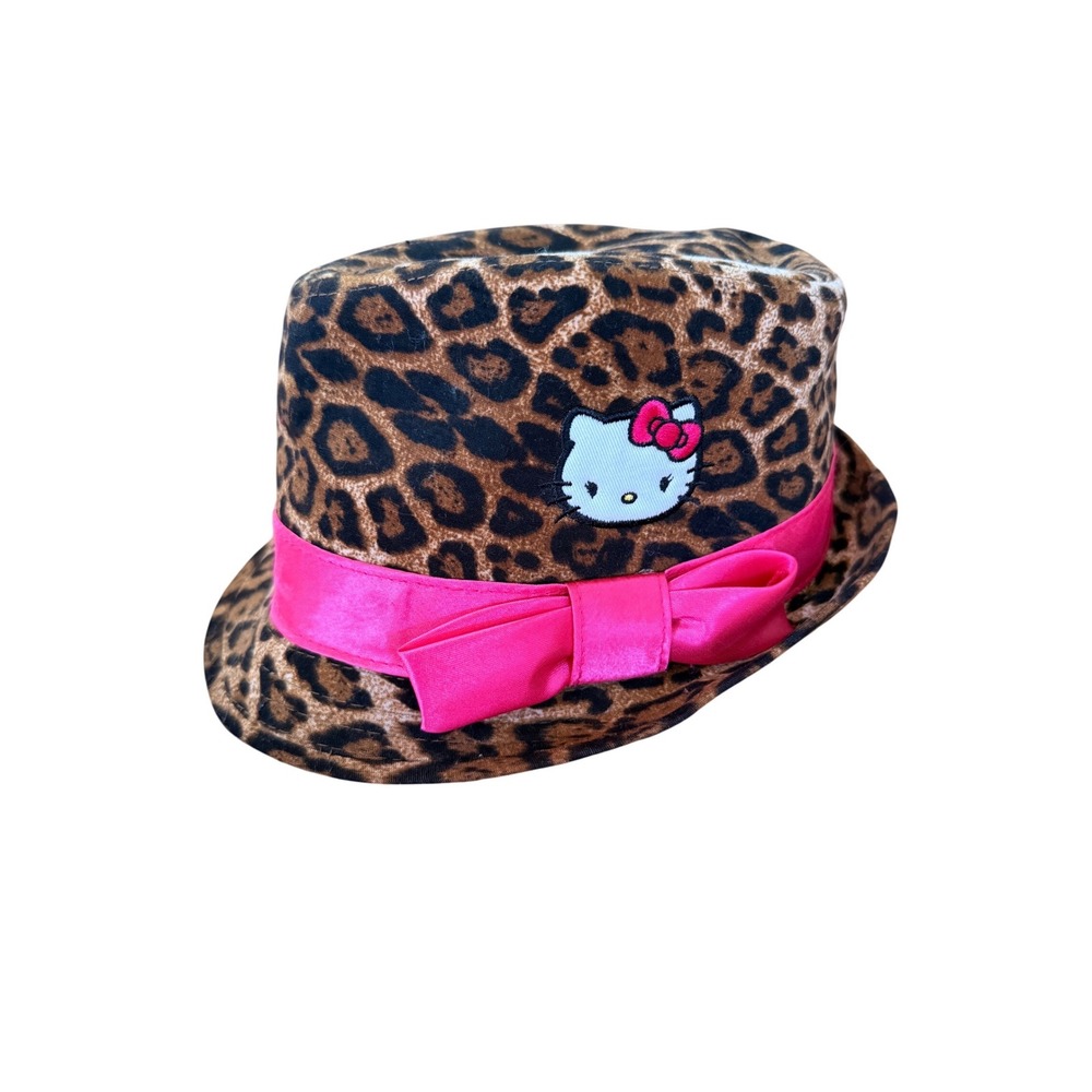 Y2K 2000s Sanrio Hello Kitty Leopard Print Fedora Hat Pink Bow Animal Print